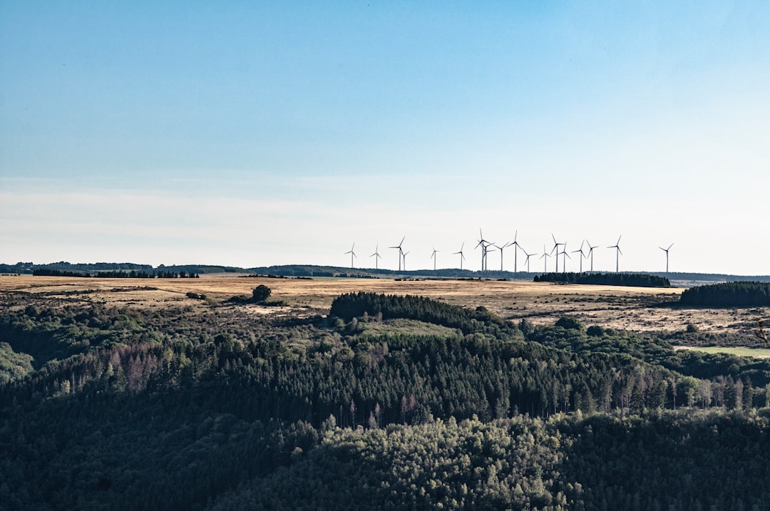 An image showing rolling fields and a windfarm