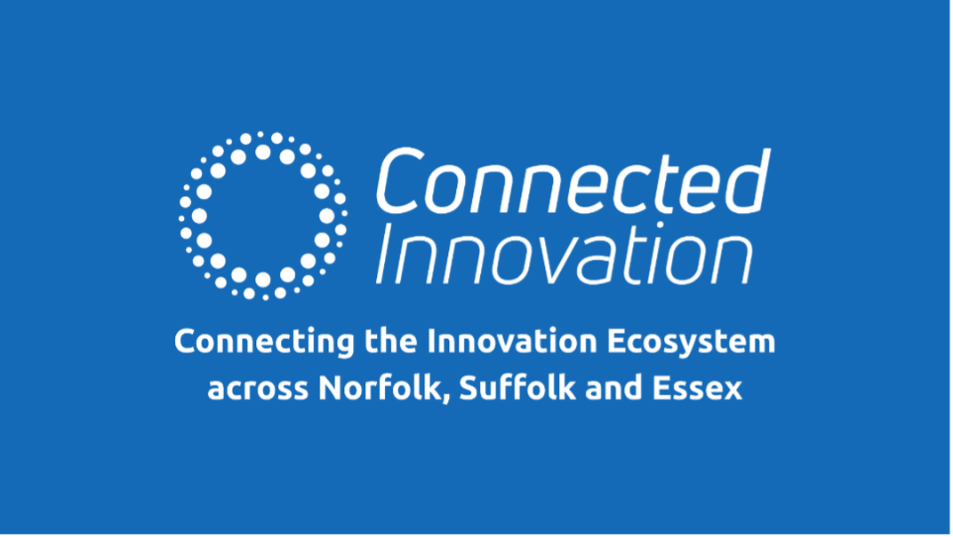 Connected Innovation logo with a circular dotted design and text: "Connecting the Innovation Ecosystem across Norfolk, Suffolk and Essex" on a blue background.